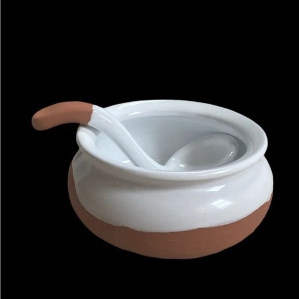 Terra Cotta Salsa Bowls with Spoon ladle White Brown Made in Portugal New No Box